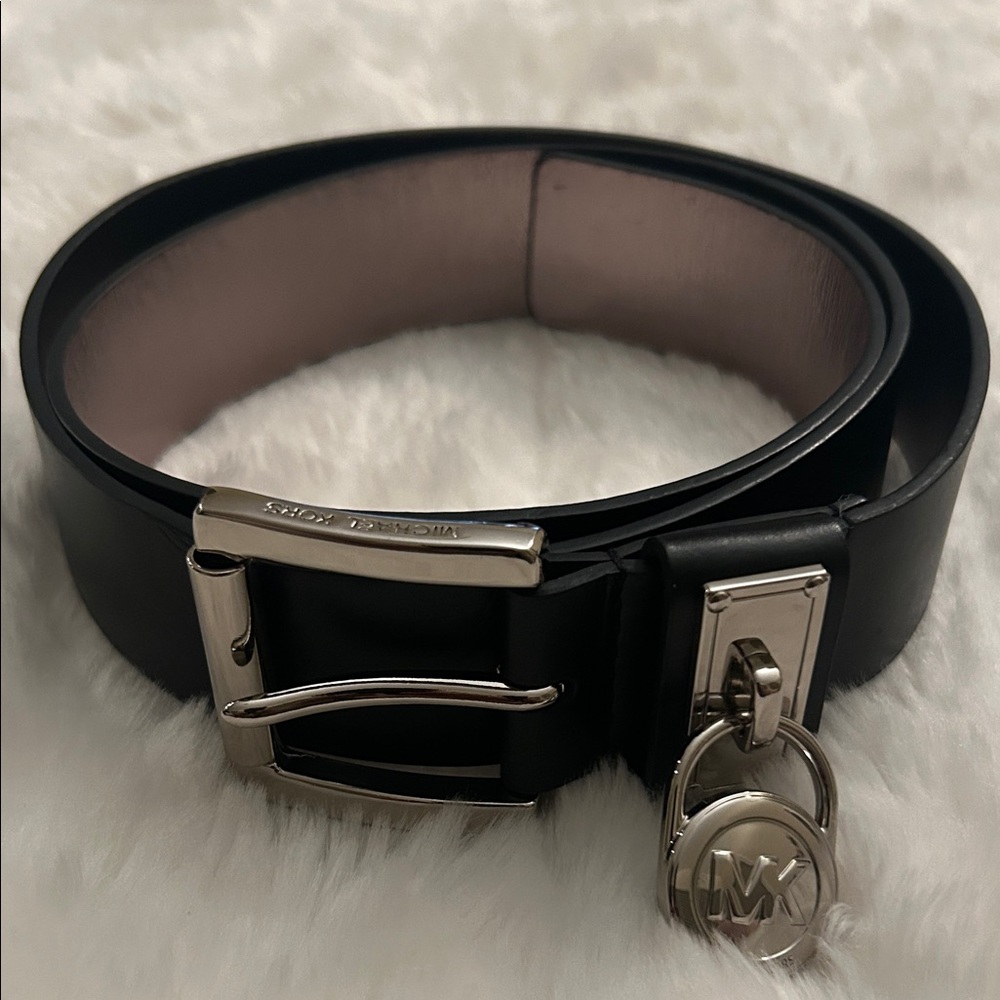 Michael Kors Black Leather Belt with Silver Buckle